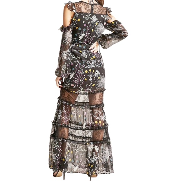 NWT Black & Floral Maxi Dress By Dark Pink With Ruffles And Lace Size Medium - Picture 3 of 11